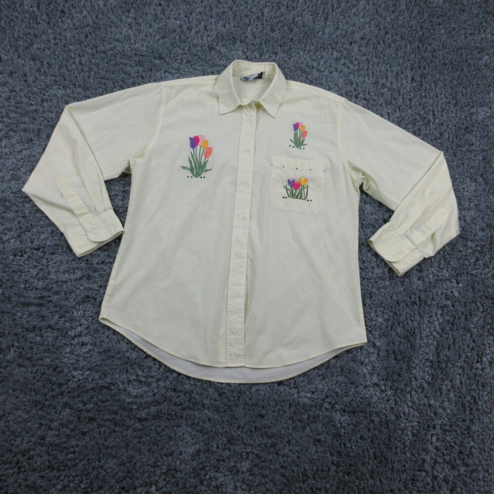 Las Olas Shirt Womens Small Yellow Floral Embroidered Long Sleeve Button Up